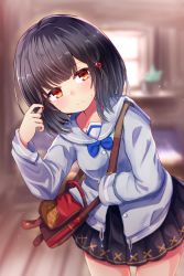 Rule 34 | 1girl, bag, baram, black hair, black skirt, blue bow, blue sailor collar, blue shirt, blurry, blurry background, blush, bow, breasts, closed mouth, collarbone, commentary request, depth of field, granblue fantasy, hair ornament, hand up, highres, indoors, leaning to the side, long sleeves, looking at viewer, pleated skirt, red eyes, sailor collar, school uniform, serafuku, shirt, short hair, shoulder bag, skirt, sleeves past wrists, small breasts, solo, standing, sweat, vikala (granblue fantasy)