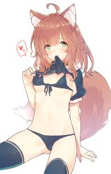 Rule 34 | 1girl, ahoge, animal ear fluff, animal ears, arm support, bikini, black bikini, black thighhighs, breasts, brown hair, closed mouth, commentary request, fox ears, fox girl, fox tail, front-tie bikini top, front-tie top, gluteal fold, green eyes, groin, hair between eyes, heart, highres, kikimora (sawayaka samehada), long hair, looking at viewer, mouth hold, navel, original, puffy short sleeves, puffy sleeves, sawayaka samehada, short sleeves, shrug (clothing), simple background, sitting, small breasts, smile, solo, spoken heart, swimsuit, tail, thighhighs, white background