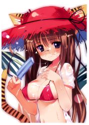 Rule 34 | 1girl, absurdres, animal ears, bikini, bikini top only, breast suppress, breasts, brown hair, cleavage, covered erect nipples, cream, ears through headwear, food, food on body, glasses, halterneck, hat, highres, huge filesize, large breasts, long hair, looking at viewer, navel, open clothes, open shirt, popsicle, purple eyes, red bikini, scan, shirt, sikorsky, smile, solo, straw hat, string bikini, suggestive fluid, sun hat, sweat, swimsuit, tail, tiger ears, tiger tail, wet, wet clothes