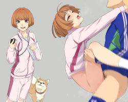 Rule 34 | 1boy, 1girl, animal, animal collar, blunt bangs, blush, bob cut, bottomless, brown eyes, brown hair, character request, clothed sex, collar, commentary request, dog, fucked silly, gym uniform, hetero, holding, holding notepad, hug, interlocked fingers, jacket, jewelry, katsuta hanako, kaze ga tsuyoku fuiteiru, legs grab, long sleeves, looking at viewer, male pubic hair, mushiro (nijie728995), necklace, notepad, open mouth, own hands clasped, own hands together, pubic hair, rolling eyes, saliva, sex, shiba inu, short hair, shorts, simple background, smile, solo focus, spread legs, standing, stopwatch, suspended congress, sweat, tongue, tongue out, track jacket, vaginal, watch, zipper