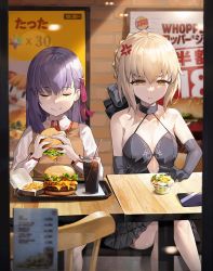 Rule 34 | 2girls, :t, anger vein, artoria pendragon (all), artoria pendragon (fate), bad id, bad twitter id, bare shoulders, black dress, blonde hair, burger, burger king, chair, cheese, closed eyes, collarbone, commentary request, container, crossed legs, cup, detached sleeves, dress, drinking straw, eating, elbow gloves, fate/stay night, fate (series), food, french fries, gloves, hair ribbon, half-closed eyes, hand on table, highres, holding, holding food, indoors, lettuce, long hair, looking down, matou sakura, medium request, menu board, multiple girls, neco-arc, poster (object), purple hair, ribbon, saber alter, saint quartz (fate), salad, sitting, smile, soda, suou-sensei, sweater vest, table, tomato, whopper, wooden chair