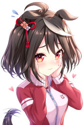 Rule 34 | 1girl, ahoge, animal ears, black hair, blush, closed mouth, commentary request, hair between eyes, hands on own face, heart, highres, horse ears, horse girl, horse tail, jacket, kitasan black (umamusume), long sleeves, red eyes, short hair, solo, speed lines, tail, tail wagging, tomo (tmtm mf mf), track jacket, umamusume, white hair