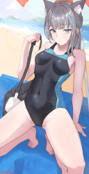 Rule 34 | 1girl, absurdres, animal ear fluff, animal ears, bag, barefoot, beach, black one-piece swimsuit, blue archive, blue eyes, breasts, competition swimsuit, covered navel, cross hair ornament, extra ears, grey hair, hair ornament, halo, highres, horizon, low ponytail, medium breasts, medium hair, mismatched pupils, multicolored clothes, multicolored swimsuit, ocean, official alternate costume, one-piece swimsuit, sakasa. (sakasailst), shiroko (blue archive), shiroko (swimsuit) (blue archive), solo, squatting, swimsuit, wolf ears
