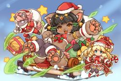 Rule 34 | 1boy, 2girls, animal ears, aqua eyes, armlet, bastet (fullbokko heroes), bell, black hair, blonde hair, box, candy, candy cane, cat ears, cat tail, claws, drill hair, earrings, fang, food, fullbokko heroes, furry, gift, gift box, hat, holding, jewelry, jingle bell, long hair, mistletoe, multiple girls, official art, open mouth, orange eyes, outstretched arm, pelvic curtain, santa costume, santa hat, shigatake, short hair, sitting, sled, smile, snow, star (symbol), sweat, tail, thick eyebrows, thighhighs, toeless legwear, toes