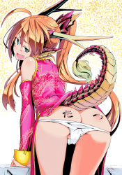 Rule 34 | 1girl, ahoge, animal ears, ass, bad id, bad pixiv id, bare shoulders, body writing, china dress, chinese clothes, detached sleeves, dragon girl, dragon tail, dress, fang, from behind, green eyes, highres, horns, karube ponzu, long hair, looking back, naughty face, open mouth, orange hair, panties, panty pull, partially visible vulva, ponytail, scales, smile, smug, solo, tail, underwear, very long hair