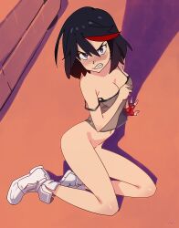 Rule 34 | 1girl, absurdres, black hair, blue eyes, blush, bottomless, breasts, camisole, clenched teeth, commentary, couch, english commentary, fingerless gloves, frown, full body, gloves, grey eyes, highres, indoors, kill la kill, legs, looking at viewer, matoi ryuuko, medium breasts, multicolored hair, naked shirt, navel, nipples, on ground, optionaltypo, red gloves, red hair, see-through, see-through camisole, shadow, shirt, shoes, short hair, signature, single glove, sitting, sneakers, solo, streaked hair, teeth