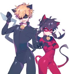Rule 34 | 1boy, 1girl, adapted costume, adrien agreste, alternate color, animal ears, annoyed, arm up, bad id, bad pixiv id, bell, black bodysuit, black gloves, black hair, blonde hair, bodysuit, cat ears, cat tail, catsuit, chat noir, contrapposto, cosplay, cowboy shot, crossed arms, domino mask, elbow gloves, expressionless, fang, gloves, half-closed eyes, highres, kemonomimi mode, ladybug (character), magical girl, marinette dupain-cheng, mask, miraculous ladybug, paw pose, simple background, standing, superhero costume, tail, tooth, vivinos, white background