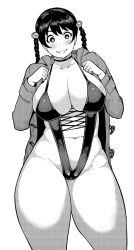 Rule 34 | 1girl, braid, breasts, cleavage, coat, grin, hair bobbles, hair ornament, highres, huge breasts, long hair, monochrome, navel, original, simple background, slingshot swimsuit, smile, standing, suzurikawa sasha, swimsuit, synecdoche, thick thighs, thighs, twin braids, white background