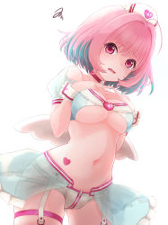 Rule 34 | 1girl, absurdres, adapted costume, ahoge, angel wings, bare shoulders, blue hair, breasts, choker, clothing cutout, collarbone, commentary, cowboy shot, dot nose, fake wings, fangs, gluteal fold, hair intakes, hands up, hat, heart, heart print, heart tattoo, highres, idolmaster, idolmaster cinderella girls, idolmaster cinderella girls starlight stage, index fingers together, kamiyaminatsu, looking at viewer, medium breasts, multicolored hair, navel, nurse cap, open mouth, pink eyes, pink hair, pink legwear, puffy short sleeves, puffy sleeves, see-through, short sleeves, simple background, skindentation, solo, sparkle print, tattoo, thigh strap, thighs, two-tone hair, underboob, underboob cutout, wings, wrist cuffs, yumemi riamu, zipper, zipper pull tab