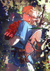 Rule 34 | 1boy, absurdres, apple, blonde hair, blue eyes, blue tunic, bow (weapon), earrings, fingerless gloves, foliage, food, fruit, gloves, highres, holding, holding food, holding fruit, jewelry, korok, link, looking back, mygiorni, nintendo, pointy ears, sheikah slate, shield, shield on back, short ponytail, smile, the legend of zelda, the legend of zelda: breath of the wild, weapon