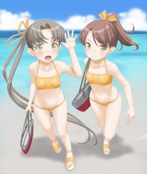 Rule 34 | 2girls, ayanami (kancolle), bag, beach, bikini, blue sky, blurry, brown eyes, brown hair, cloud, collarbone, commentary request, day, depth of field, green eyes, highres, horizon, kantai collection, long hair, multiple girls, ocean, outdoors, ponytail, sandals, shikinami (kancolle), short hair, side ponytail, sky, swimsuit, t2r, waving, yellow bikini