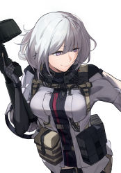 Rule 34 | 1girl, absurdres, black bodysuit, bodysuit, breasts, closed mouth, girls&#039; frontline, gun, hair ornament, hairclip, highres, holding, holding gun, holding weapon, la13, large breasts, light machine gun, lips, purple eyes, revision, rpk-16, rpk-16 (girls&#039; frontline), short hair, short sleeves, silver hair, simple background, smile, solo, tactical clothes, upper body, weapon, white background