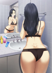 Rule 34 | 1girl, arm support, ass, back, black bra, black hair, black panties, blue eyes, blueorca, bottle, bra, breasts, butt crack, cabinet, cellphone, cleavage, hair over shoulder, highres, holding, holding phone, large breasts, leaning forward, long hair, mirror, navel, original, panties, phone, reflection, selfie, sink, smartphone, solo, standing, thighs, tile wall, tiles, underwear