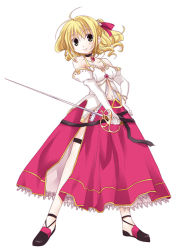 Rule 34 | 1girl, blonde hair, choker, elbow gloves, fantasy, full body, gloves, green eyes, hand on own hip, holding, holding sword, holding weapon, legs apart, lingerie, looking at viewer, ribbon, simple background, smile, solo, standing, sword, tamaoka kagari, thigh strap, underwear, weapon, white background, white gloves