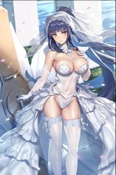 Rule 34 | 1girl, absurdres, bad id, bad pixiv id, bare shoulders, blue hair, bow, bowtie, breasts, bridal gauntlets, bridal legwear, bridal lingerie, bridal veil, bride, cleavage, collar, cuboon, curvy, detached sleeves, dress, elbow gloves, evertale, gloves, green eyes, hand on own chest, highres, lace, lace-trimmed dress, lace trim, large breasts, legs together, lingerie, ludmilla (evertale), navel, nervous smile, paladin, ponytail, seductive smile, see-through, see-through dress, shiny skin, skindentation, smile, solo, teddy (lingerie), thick thighs, thighhighs, thighs, underwear, veil, waist cape, wedding dress, white thighhighs