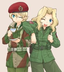Rule 34 | 10s, 2girls, ;d, american flag, beige background, belt, beret, blouse, braid, british army, brown shirt, camouflage, camouflage background, closed mouth, collared shirt, commentary request, cup, darjeeling (girls und panzer), dress shirt, emblem, girls und panzer, green jacket, green neckwear, green pants, green shirt, harness, hat, holding, holding cup, holding saucer, jacket, kay (girls und panzer), long hair, looking at viewer, military, military uniform, multiple girls, necktie, one eye closed, open mouth, pants, paratrooper, red hat, saucer, shirt, short hair, simple background, smile, standing, teacup, thumbs up, uniform, united states army, uona telepin, utility belt, wing collar