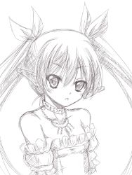 Rule 34 | 1girl, bad id, bad pixiv id, choker, cilfy, dress, greyscale, jewelry, long hair, monochrome, necklace, phantasy star, phantasy star portable 2, phantasy star universe, pointy ears, sketch, solo, strapless, strapless dress, traditional media, twintails