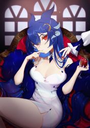 1girl alcohol anntan blue_hair blue_neckwear breasts cleavage cloud9 commentary cup detached_collar dress drinking_glass english_commentary hair_between_eyes head_tilt highres holding holding_cup horns large_breasts looking_at_viewer nail_polish red_dress red_eyes red_nails sitting solo_focus vienna_(vtuber) virtual_youtuber window wine wine_glass