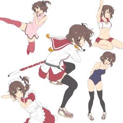 Rule 34 | 1girl, absurdres, arm up, breasts, brown eyes, brown hair, cheerleader, china dress, chinese clothes, closed eyes, closed mouth, collarbone, dress, etou kanami, fighting stance, floating hair, highres, holding, holding weapon, katana, kicking, looking at viewer, maid, maid headdress, medium breasts, multiple views, navel, one-piece swimsuit, one side up, open mouth, ready to draw, school swimsuit, school uniform, shoes, short hair, simple background, sincos, stretching, swimsuit, sword, thighhighs, toji no miko, weapon, white background