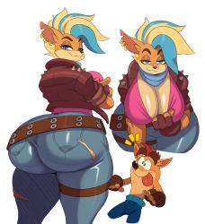 Rule 34 | 1boy, 1girl, absurdres, ass, blonde hair, blue eyes, blue hair, blush, breasts, cleavage, come hither, crash bandicoot, crash bandicoot (series), crash bandicoot 4: it&#039;s about time, denim, eric lowery, fingerless gloves, from behind, furry, gloves, highres, huge ass, jacket, jeans, large breasts, looking at viewer, looking back, mohawk, multicolored hair, pants, shiny clothes, shiny skin, short hair, sideboob, skin tight, smile, sssonic2, tawna bandicoot (it&#039;s about time), tongue, tongue out, torn clothes