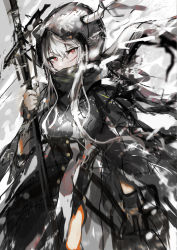 Rule 34 | 1girl, absurdres, arknights, bag, black dress, blush, breasts, chuhaibane, cowboy shot, dress, grey hair, highres, holding, holding bag, holding sword, holding weapon, hood, hood up, horns through hood, jewelry, large breasts, long hair, looking at viewer, necklace, red eyes, sheath, sheathed, shining (arknights), sketch, solo, sword, weapon