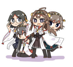Rule 34 | 4girls, :d, ahoge, aneko (toshishitanoane), bare shoulders, black hair, blue eyes, blue skirt, boots, brown eyes, brown hair, brown skirt, chibi, detached sleeves, glasses, green skirt, grey hair, hakama, hakama short skirt, hakama skirt, haruna (kancolle), headgear, hiei (kancolle), japanese clothes, kantai collection, kirishima (kancolle), kongou (kancolle), leg up, long hair, looking at viewer, multiple girls, nontraditional miko, open mouth, plaid, plaid skirt, purple eyes, red skirt, seiza, short hair, simple background, sitting, skirt, smile, thigh boots, thighhighs, v-shaped eyebrows, white background, wide sleeves