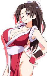 Rule 34 | 1girl, artist request, bare legs, breasts, brown hair, cleavage, fatal fury, large breasts, long hair, ponytail, revealing clothes, shiny skin, shiranui mai, simple background, smile, solo, wide hips