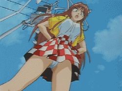 Rule 34 | 1990s (style), 1girl, angry, animated, animated gif, blue sky, breasts, brown hair, cameltoe, cloud, from below, hair ribbon, hinomori azusa, long hair, looking at viewer, lowres, outdoors, panties, pantyshot, pia carrot (series), pia carrot e youkoso!! 2, plaid, plaid skirt, ribbon, shoe soles, shoes, skirt, sky, stomping, underwear, upskirt