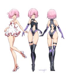 Rule 34 | 1girl, ass, asymmetrical gloves, bikini, black gloves, black thighhighs, breasts, butt crack, cleavage, clothing cutout, dress, dress swimsuit, elbow gloves, fate/grand order, fate (series), fold-over boots, gloves, groin, hair over one eye, highleg, highleg leotard, leotard, mash kyrielight, mash kyrielight (swimsuit of perpetual summer), medium breasts, mismatched gloves, moupii (hitsuji no ki), multiple views, navel cutout, official alternate costume, pink hair, purple gloves, simple background, striped, swimsuit, thigh strap, thighhighs, vertical stripes, white background, white bikini, white dress