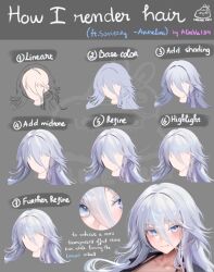 Rule 34 | 1girl, alice vu, artist name, azur lane, black dress, blue eyes, blush, closed mouth, colored eyelashes, dress, english text, highres, how to, long bangs, long hair, looking at viewer, making-of, simple background, smile, solo, sovetsky soyuz (azur lane), white hair