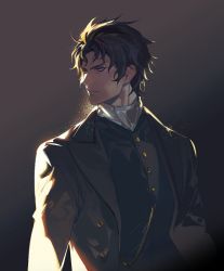 Rule 34 | 1boy, aokiku, black hair, black vest, fate/grand order, fate (series), highres, hijikata toshizou (fate), long sleeves, looking at another, male focus, red eyes, short hair, simple background, solo, type-moon, vest