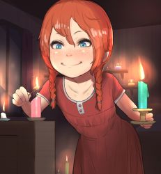 Rule 34 | 1girl, 4066, blue eyes, blush, braid, candle, candlelight, candlestand, closed mouth, collarbone, curtains, feet out of frame, female focus, flat chest, freckles, glowing, highres, holding, holding candle, indoors, jpeg artifacts, leaning forward, looking at viewer, matches, night, nightgown, pigtail braids, red hair, smile, solo, standing, twin braids, window