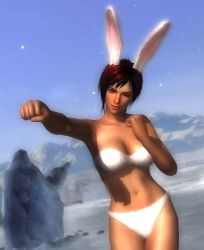 Rule 34 | 1girl, absurdres, animal ears, breasts, brown eyes, clenched hands, dead or alive, highres, iceberg, mila (doa), navel, one eye closed, punching, rabbit ears, red hair, red lips, smile, thick thighs, thighs, underwear, victory pose, winter