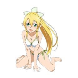 Rule 34 | 10s, 1girl, barefoot, bikini, blonde hair, breasts, cleavage, collarbone, feet, full body, green eyes, hair ornament, highres, large breasts, leafa, long hair, looking at viewer, navel, official art, open mouth, pointy ears, resized, side-tie bikini bottom, simple background, sitting, solo, swimsuit, sword art online, sword art online: code register, thighs, toes, upscaled, wariza, white background, white bikini