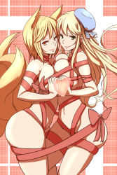Rule 34 | 10s, 2girls, animal ears, atago (kancolle), bdsm, blonde hair, bondage, bound, breast press, breasts, dearmybrothers, fox ears, fox tail, gift wrapping, green eyes, hat, heart, heart hands, heart hands duo, highres, kantai collection, large breasts, long hair, looking at viewer, multiple girls, multiple tails, naked ribbon, ribbon, ribbon bondage, ribboned together, short hair, skindentation, symmetrical docking, tail, touhou, very long hair, yakumo ran, yellow eyes