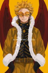 Rule 34 | 1boy, 2elu2, belt, blonde hair, body markings, bodysuit, bodysuit under clothes, boku no hero academia, burn scar, costume, earrings, facial hair, facial scar, feathered wings, feathers, fur-trimmed jacket, fur trim, gloves, goatee, half-closed eyes, hands in pockets, happy birthday, hawks (boku no hero academia), highres, jacket, jewelry, looking at viewer, male focus, popped collar, red feathers, rimless eyewear, scar, scar on cheek, scar on face, scar on neck, seductive smile, short hair, skin tight, smile, solo, straight-on, stud earrings, tinted eyewear, toned, toned male, wings, yellow background