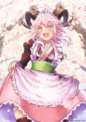 Rule 34 | 1girl, :d, ahoge, apron, apron basket, blush, breasts, brown kimono, brown thighhighs, cherry blossoms, commentary request, curled horns, fangs, fingernails, flower, frilled apron, frills, green eyes, hair between eyes, horns, ittokyu, japanese clothes, juliet sleeves, kimono, long hair, long sleeves, looking away, maid, maid headdress, open mouth, original, pink flower, pink hair, pink skirt, pointy ears, puffy sleeves, sidelocks, skirt, skirt hold, small breasts, smile, solo, thighhighs, tree, wa maid, watermark, web address, white apron