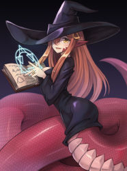 Rule 34 | 1girl, :d, animal ears, black dress, black hat, blue background, book, breasts, casting spell, commission, dress, gradient background, hair ornament, halloween costume, hat, highres, holding, holding book, jewelry, lamia, large breasts, long hair, looking at viewer, looking to the side, magic circle, miia (monster musume), monster girl, monster musume no iru nichijou, open book, open mouth, orange hair, pointy ears, red eyes, ring, scales, smile, solo, sookmo, wedding band, witch, witch hat, yellow eyes