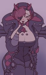 Rule 34 | 1girl, apex legends, black bodysuit, black jacket, blush, bodysuit, cyber punked wattson, eyepatch, finger to mouth, highres, hood, hooded jacket, horns, jacket, kabiyapyo, official alternate costume, one eye covered, pink eyes, pink hair, purple background, shushing, smile, solo, thick thighs, thighs, wattson (apex legends)