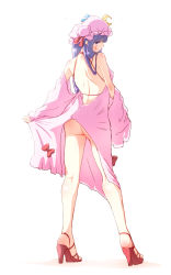 Rule 34 | 1girl, ass, bad id, bad pixiv id, blush, crescent, dress, from behind, hat, highres, long hair, looking at viewer, looking back, no panties, non (z-art), patchouli knowledge, pink dress, pink hat, purple eyes, purple hair, simple background, solo, standing, touhou, white background