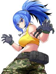 Rule 34 | 1girl, ammunition pouch, armlet, ass, attack, bare shoulders, blue eyes, blue hair, breasts, camouflage, camouflage pants, dog tags, earrings, gloves, highres, jewelry, kara age, leona heidern, looking at viewer, midriff, pants, paw pose, ponytail, pouch, sideboob, simple background, sleeveless, solo, tank top, the king of fighters, the king of fighters xiv, the king of fighters xv, twisted torso, white background, yellow tank top