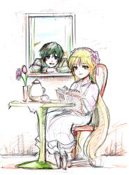 Rule 34 | 1boy, 1girl, book, chair, colored pencil (medium), cup, flower, gosick, kujou kazuya, looking at viewer, open book, sitting, sketch, smile, t00ku (higher0617), table, teacup, teapot, traditional media, vase, victorica de blois, window