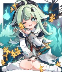 Rule 34 | 1girl, ahoge, animal ears, bare tree, black footwear, black headwear, blush, border, commentary request, fang, fiery tail, flag, fox ears, fox girl, fox tail, full body, green eyes, green hair, hand up, hat, highres, holding, holding flag, honkai: star rail, honkai (series), huohuo (honkai: star rail), knees together feet apart, long hair, long sleeves, nanakusa yomogi, one eye closed, open mouth, outside border, paper doll, partial commentary, paw-shaped pupils, rock, sitting, symbol-shaped pupils, tail, tail (honkai: star rail), talisman, tearing up, tree, wariza, white border, white flag, white leg warmers, yin yang hair ornament