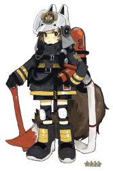 Rule 34 | 1girl, animal ears, animal helmet, arknights, axe, black footwear, black gloves, black jacket, black shorts, boots, brown eyes, brown hair, closed mouth, commentary request, fake animal ears, fire axe, fire helmet, firefighter, firefighter jacket, full body, gloves, hand on own hip, highres, jacket, kakuremino (mnt55), knee pads, looking at viewer, oxygen tank, shaw (arknights), shorts, simple background, solo, squirrel ears, squirrel tail, star (symbol), tail, white background