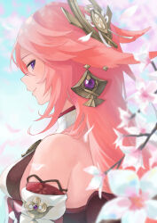 Rule 34 | 1girl, absurdres, animal ears, bare shoulders, blue sky, blurry, blurry background, branch, breasts, closed mouth, depth of field, detached sleeves, earrings, falling petals, floppy ears, flower, flower knot, fox ears, from side, genshin impact, hair between eyes, hair ornament, highres, inakanoinonaka, jewelry, long hair, looking at viewer, medium breasts, petals, purple eyes, shirt, sideways glance, sky, sleeveless, sleeveless shirt, smile, solo, teeth, turtleneck, upper teeth only, white flower, white shirt, yae miko