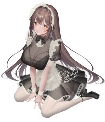 Rule 34 | 1girl, apron, black bow, black bra, black footwear, blush, bow, bra, breasts, brown hair, cleavage, dress, frilled dress, frills, full body, high heels, highres, lace, lace-trimmed bra, lace-trimmed legwear, lace trim, large breasts, long hair, looking at viewer, maid, maid headdress, orange eyes, original, panties, parted lips, sakura shiho, see-through, shoe soles, short sleeves, sidelocks, signature, simple background, sitting, solo, strappy heels, thighhighs, underwear, wariza, white thighhighs