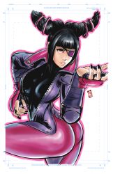 Rule 34 | 1girl, biker clothes, bikesuit, black nails, bodysuit, breasts, commission, drill hair, eyelashes, eyepatch, fingerless gloves, gloves, han juri, highres, md5 mismatch, nail polish, one eye covered, solo, street fighter, street fighter v, twin drills, unzipped, v-shaped eyebrows, white background