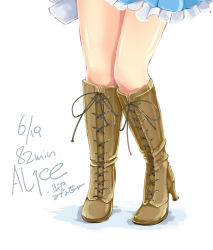 Rule 34 | 1girl, alice margatroid, artist name, boots, character name, close-up, cross-laced footwear, dated, female focus, footwear focus, frilled skirt, frills, high heels, highres, ichirino minagi, knee boots, knees, knees together feet apart, lace-up boots, leg focus, legs, lower body, shiny skin, shoes, signature, simple background, skirt, socks, solo, standing, thighs, touhou, waist down, white background