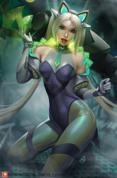 Rule 34 | 1girl, animal ears, battle cat jinx, breasts, elbow gloves, facial mark, fake animal ears, gloves, green eyes, jinx (league of legends), kneeling, league of legends, leotard, lips, long hair, looking at viewer, medium breasts, olesyaspitz, pantyhose, paw tattoo, rocket launcher, shoulder tattoo, solo, tattoo, tongue, tongue out, watermark, weapon, web address, whisker markings, white hair