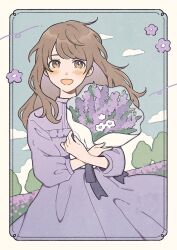 Rule 34 | 1girl, :d, blush, border, bouquet, brown eyes, brown hair, cloud, commentary request, cowboy shot, dress, flower, holding, holding bouquet, long hair, long sleeves, looking at viewer, nahara saki, open mouth, original, ornate border, purple dress, purple flower, smile, solo, split mouth, standing, white flower, wind, yellow border